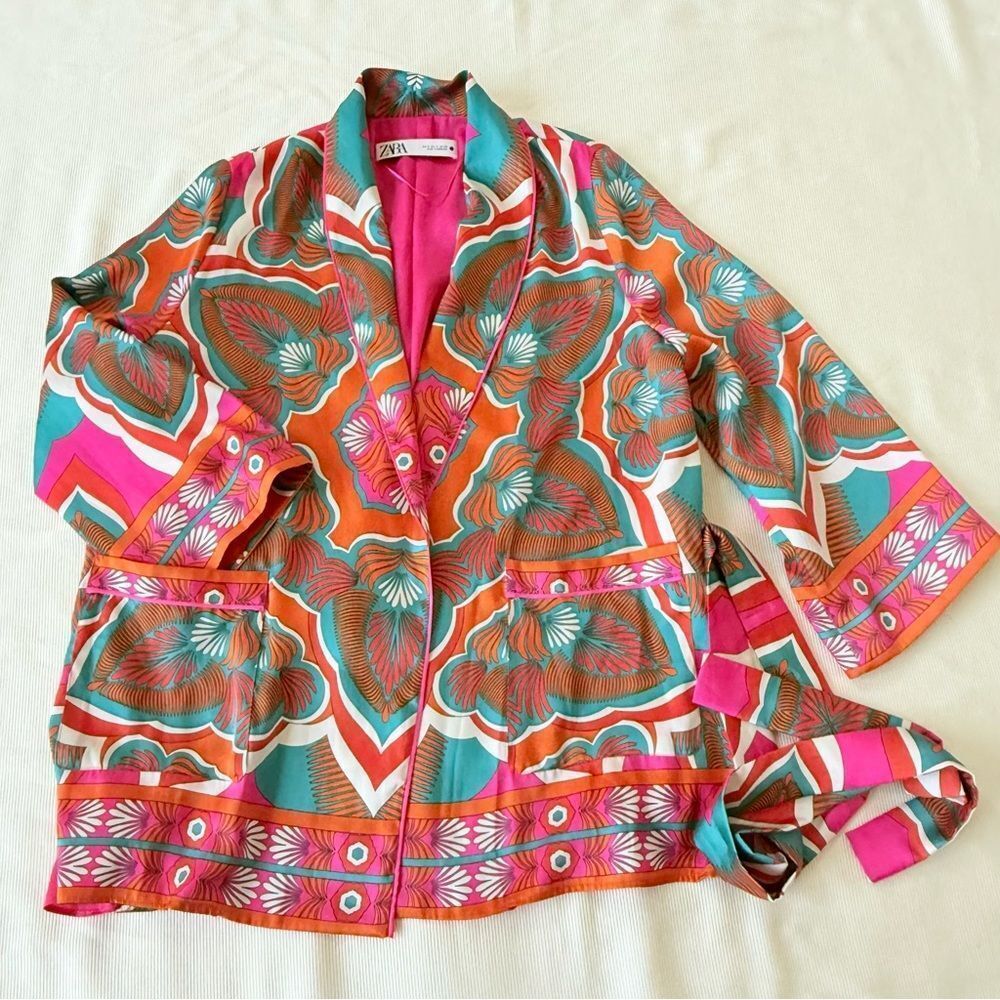 Zara Womens Jacket Belted Pockets Floral Colorful Longsleeve  Kimono Medium M